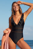 Solid Ruffled Patckwork One Piece Swimsuit