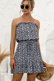 Floral Print Tie Waist Strapless Mini Length Dress
