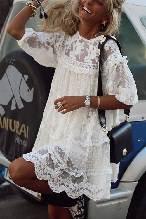 Layer Lace Round Neck Tunic Dresses - Fashionpara