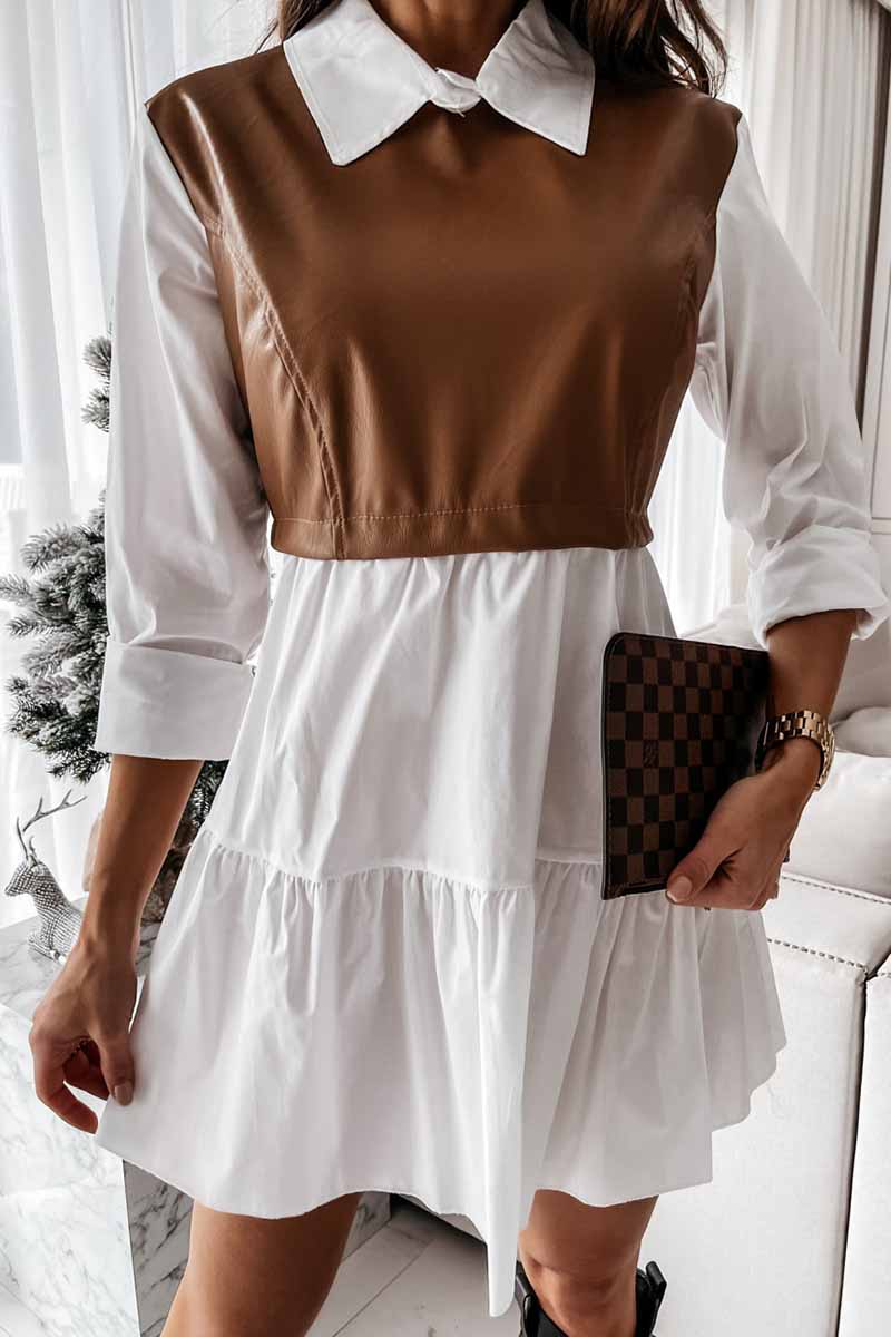 Florcoo Shirt skirt and leather stitching Mini Dress - Fashionpara