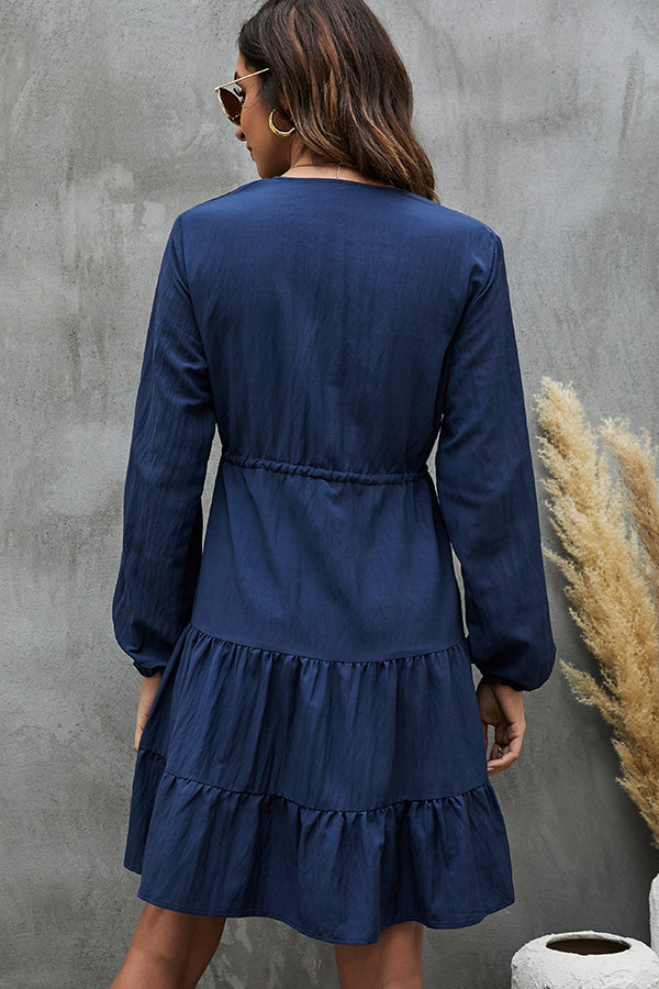 Long Sleeve V Neck Tie Waist Casual Dress - Fashionpara