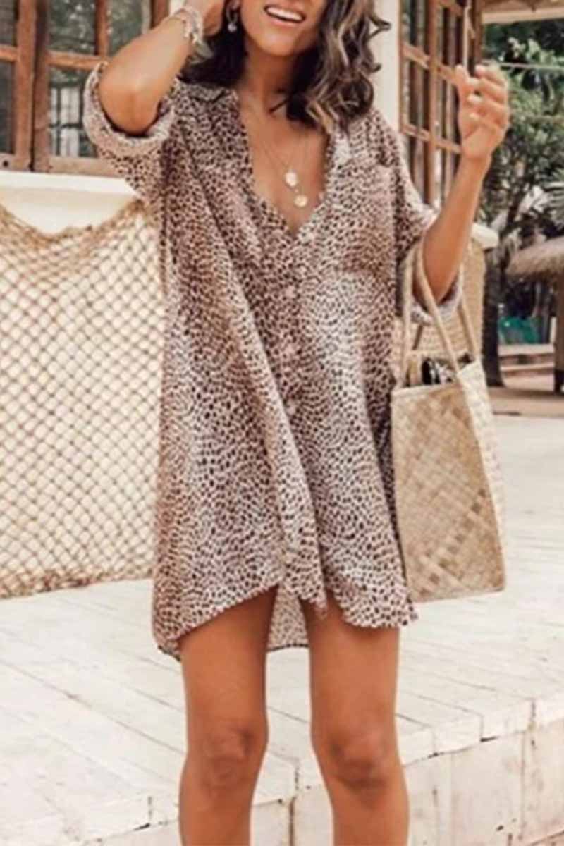 Florcoo Leopard Print Long Sleeve Shirt Mini Dress - Fashionpara