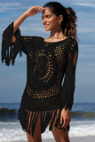 Black Hollow Tassel Solid Color Swimsuits Cover Up