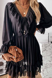 Florcoo Sexy Black Lace Puff Sleeve V-Neck Lace Mini Dress