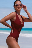 Solid Wine Red Cross Front One Piece Swimsuit