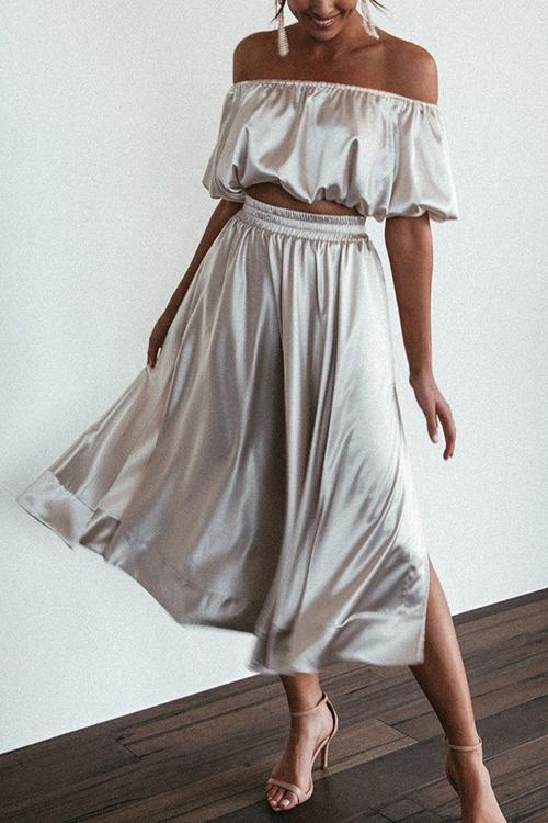 Satin Off Shoulder Skirt Set - Fashionpara