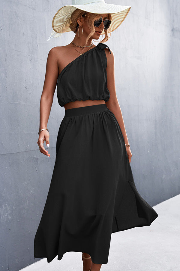 Solid Color Tie Shoulder Slid Two Pieces Dress - Fashionpara