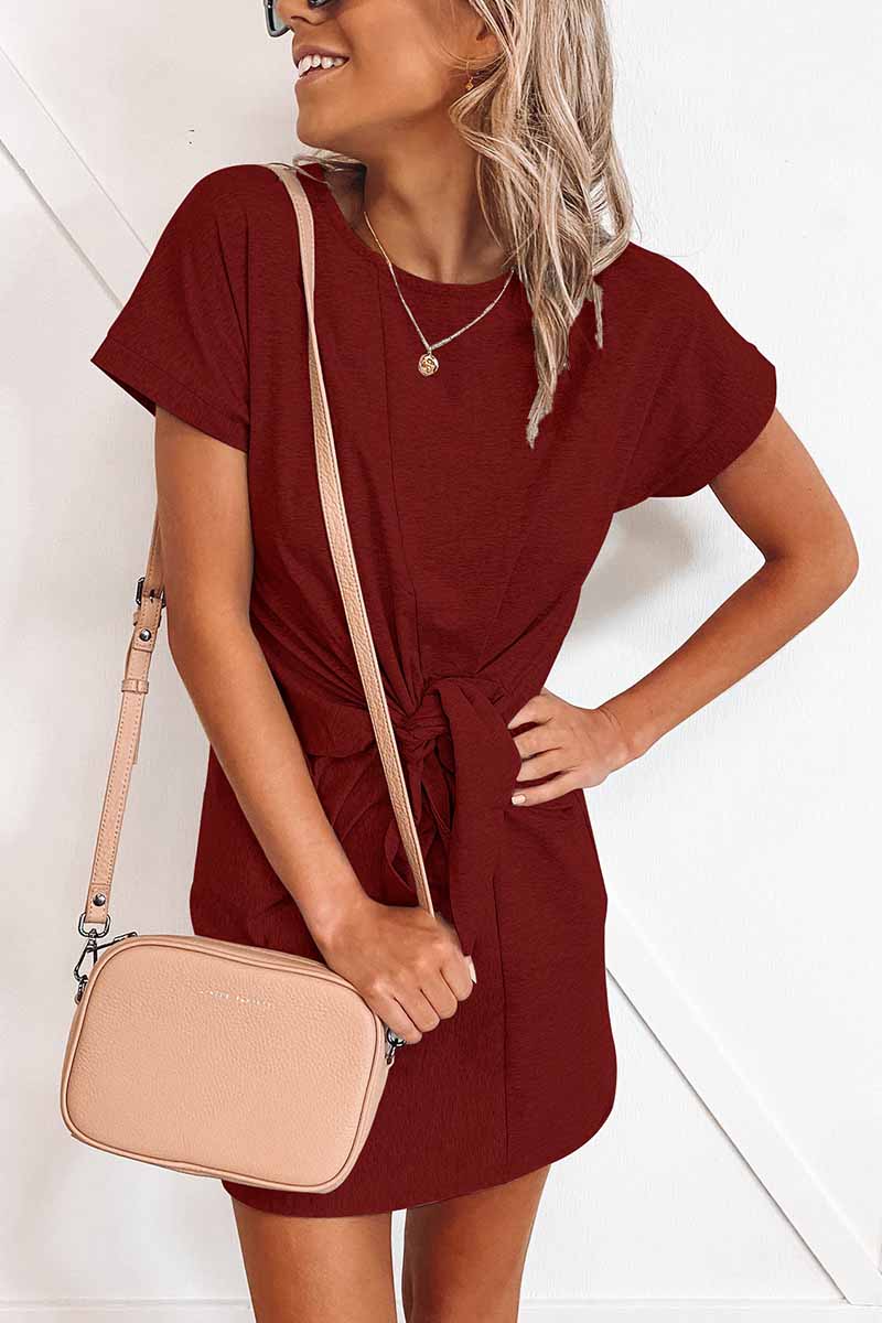 Florcoo Loose Tie Solid Color Short Sleeves Mini Dress(6 colors) - Fashionpara