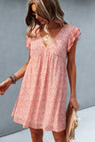 Ruffled Flower Print V Neck Cusual Dress