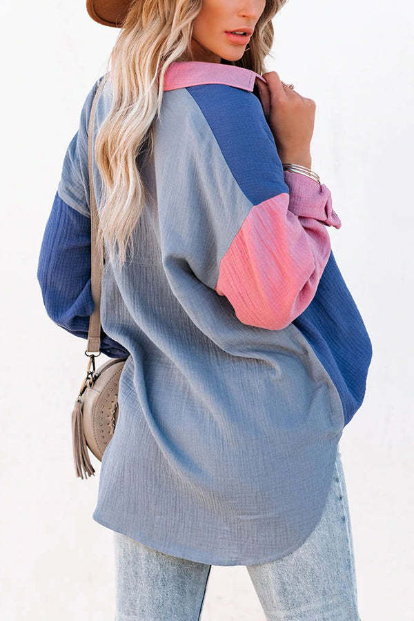 Color Block Textured Button Shirt with Pocket - Fashionpara