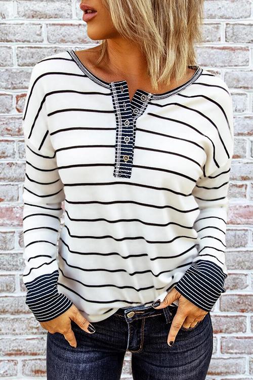 Button Neck Stripe Long Sleeve T Shirt - Fashionpara