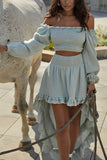 Smocked Crop Top High Low Maxi Skirt Set - Fashiondia