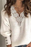 V Neck Lace Patchwork White Sweater