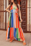 Rainbow Stripe Backless Slip Maxi Dress