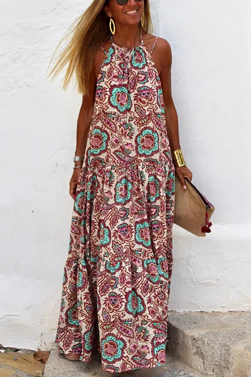 Print Halter Neck Maxi Dress - Fashionpara