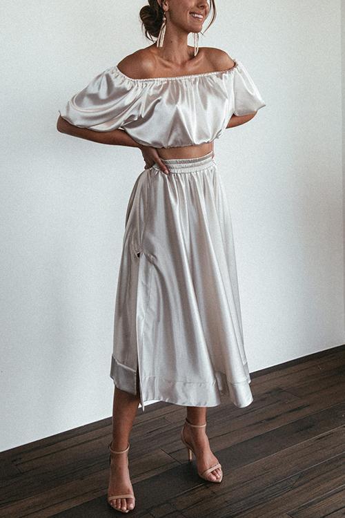 Satin Off Shoulder Skirt Set - Fashionpara