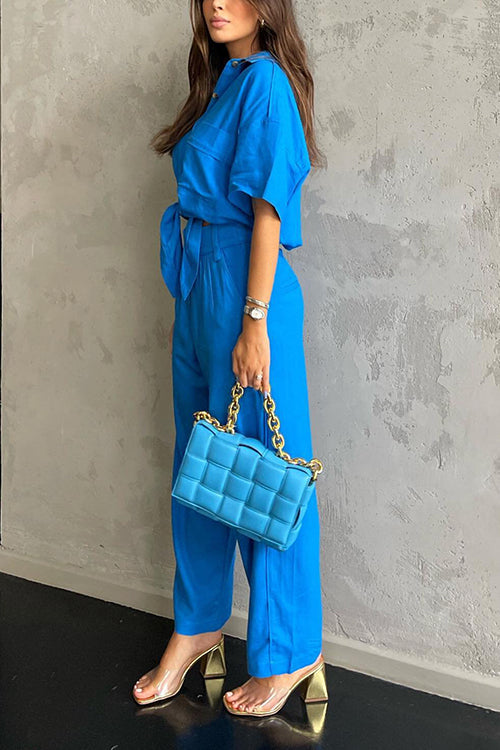 Button Kont Shirt Wide Leg Pants Set - Fashionpara