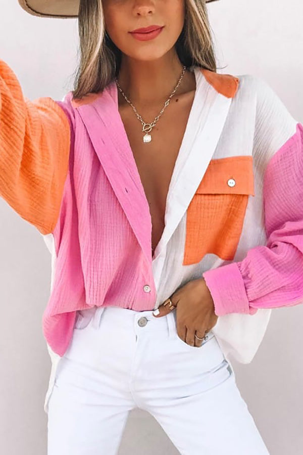 Color Block Textured Button Shirt with Pocket - Fashionpara