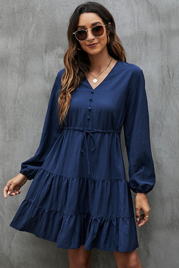 Long Sleeve V Neck Tie Waist Casual Dress - Fashionpara