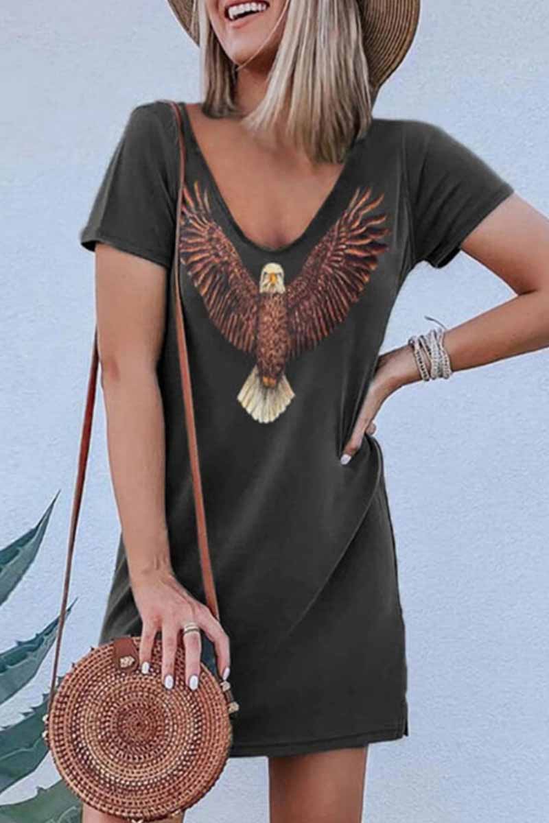 Florcoo Loose V-Neck Eagle Print Short Sleeves Mini Dress