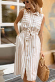 Florcoo Lapel Striped Pockets Mini Dress