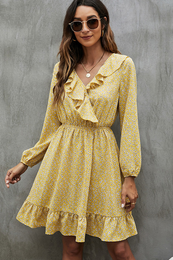 V Neck Floral Print Ruffled Mini Dress - Fashionpara