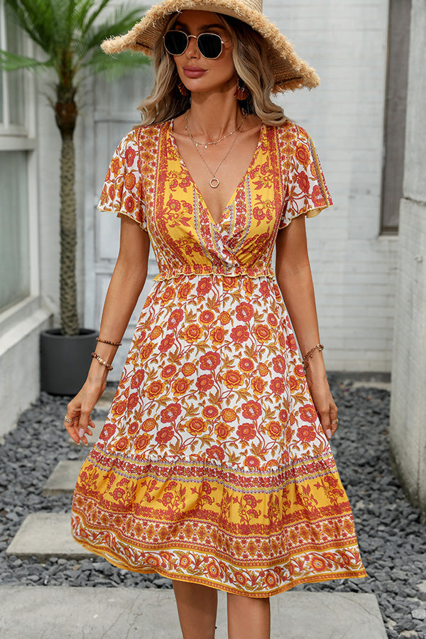 Bohemia Print V Neck Short Sleeve Casual Dress - Fashionpara