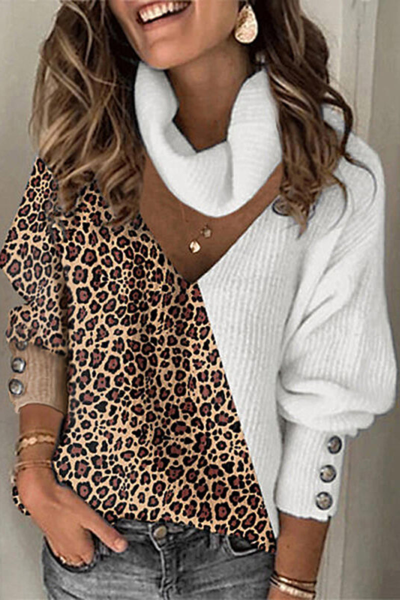 Color Block Leopard Turtleneck Casual Sweaters