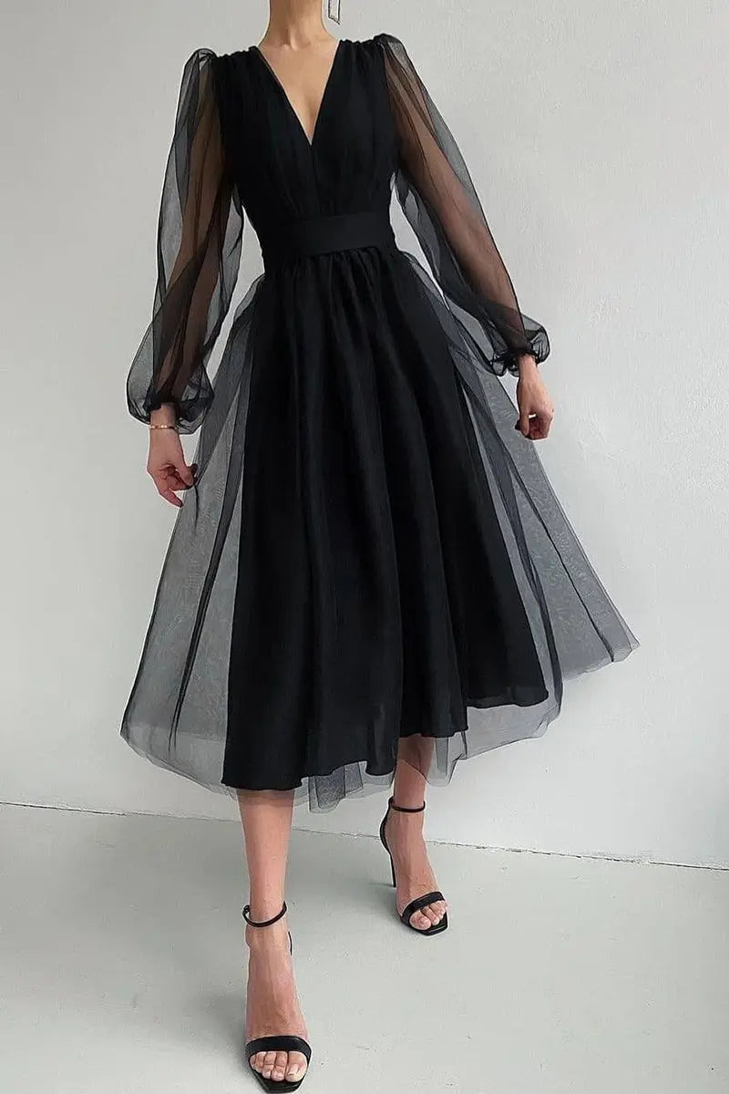 V Neck Tulle Long Sleeve Midi Dress - Fashionpara