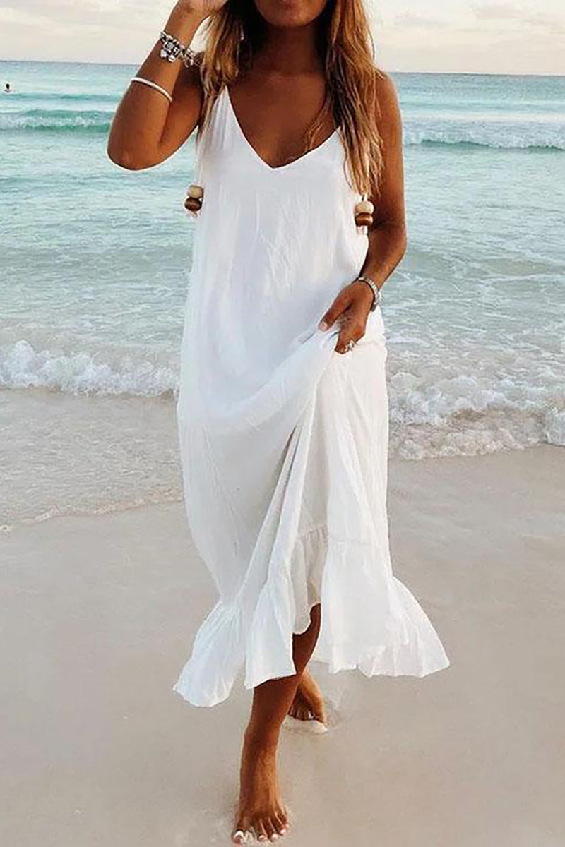 V Neck Ruffles Hem Slip Dress - Fashionpara