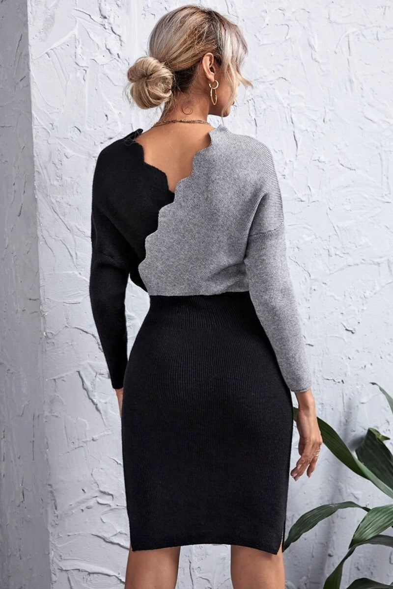 Contrast Panel Scallop Trim Sweater Dress