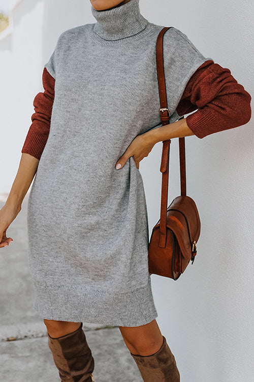 Color Block Turtleneck Sweater Dress - Fashionpara