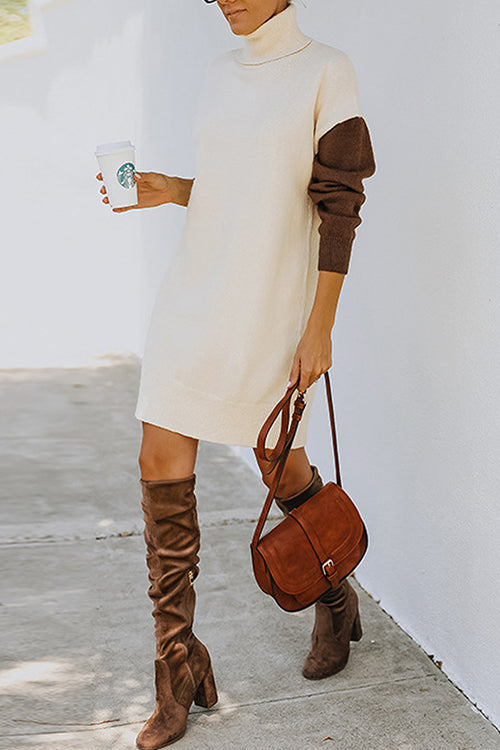Color Block Turtleneck Sweater Dress - Fashionpara