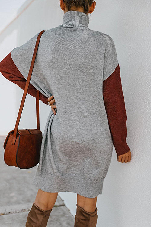 Color Block Turtleneck Sweater Dress - Fashionpara