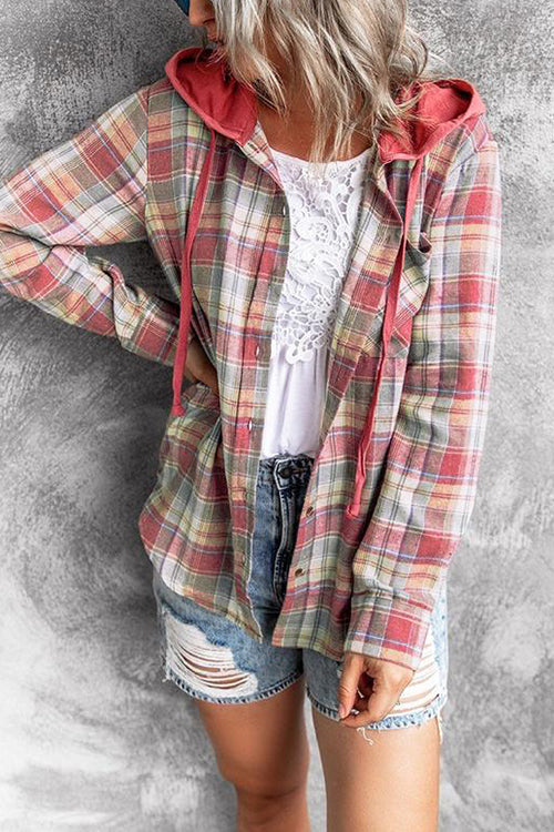 Flannel Plaid Button Down Hoodie Top