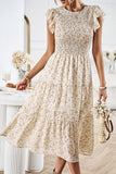 Floral Print Smocked Round Neck Casual Dress