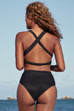Black And Ring Design Criss Cross Back Bikini Set