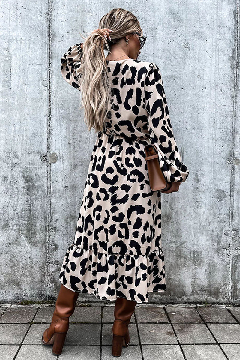 Leopard Long Sleeve Slit Midi Dress