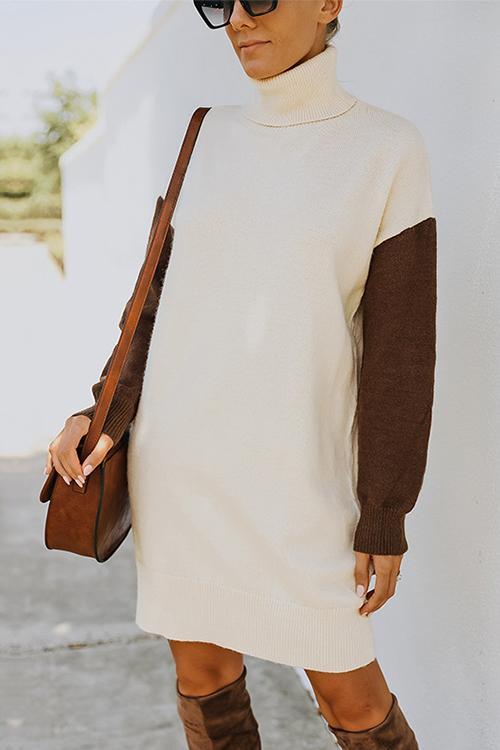 Color Block Turtleneck Sweater Dress - Fashionpara