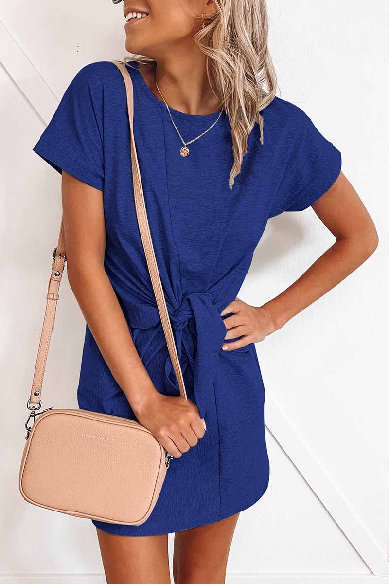 Florcoo Loose Tie Solid Color Short Sleeves Mini Dress(6 colors) - Fashionpara