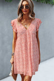 Ruffled Flower Print V Neck Cusual Dress