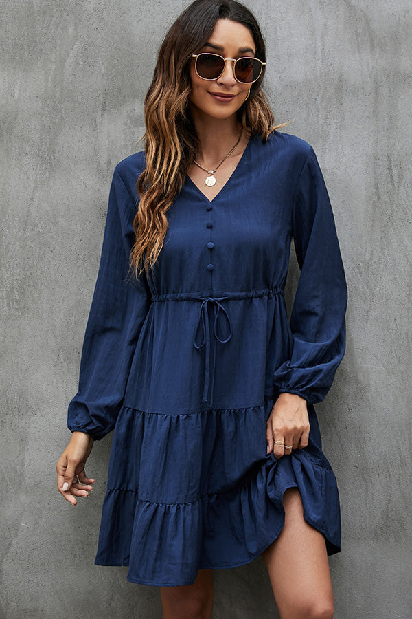 Long Sleeve V Neck Tie Waist Casual Dress - Fashionpara