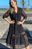 Solid Color V Neck Ruffled Casual Dress