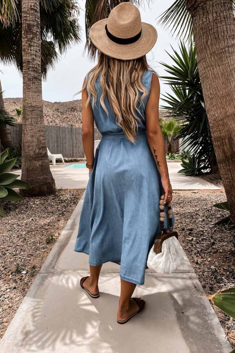 Florcoo Sleeveless Lace-Up Single-Breasted Denim Midi Dress - Fashionpara