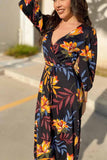 Florcoo Stitching Flower Picture Double V-neck Midi Dress