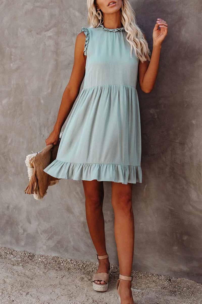 Florcoo Solid Color Ruffled Waist Mini Dress - Fashionpara