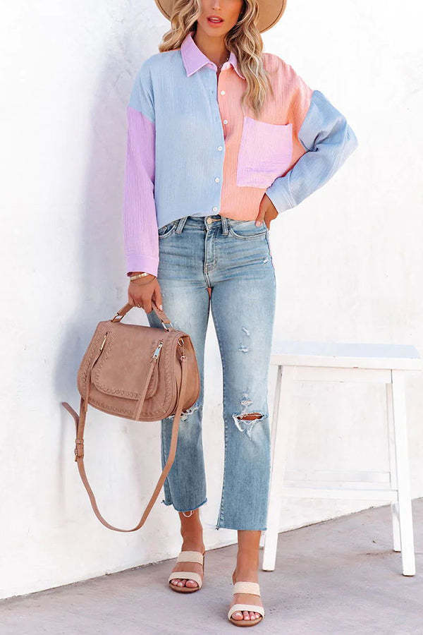 Color Block Textured Button Shirt with Pocket - Fashionpara