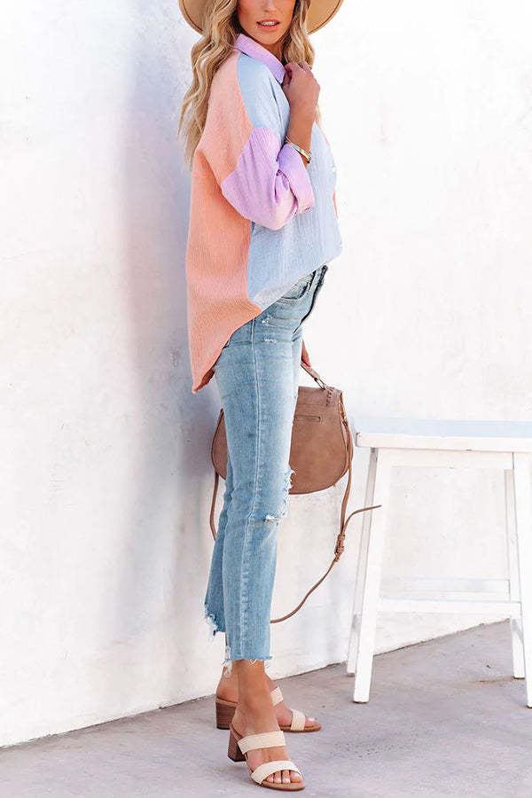 Color Block Textured Button Shirt with Pocket - Fashionpara