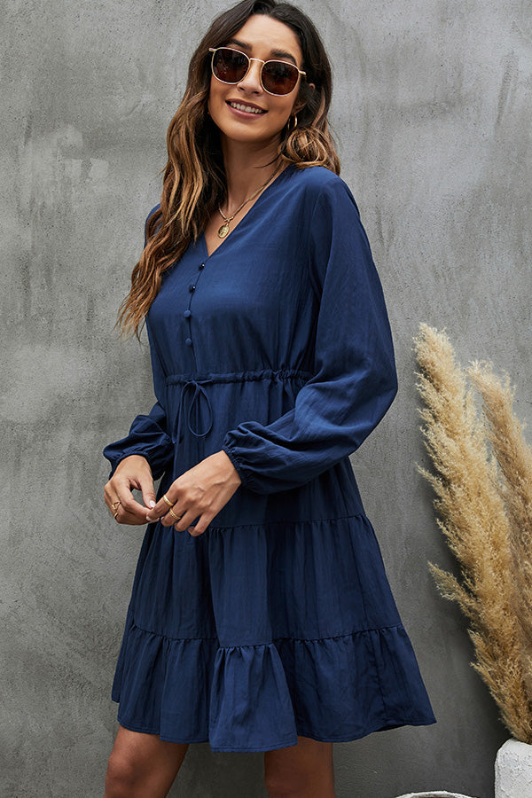 Long Sleeve V Neck Tie Waist Casual Dress - Fashionpara