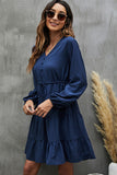 Long Sleeve V Neck Tie Waist Casual Dress